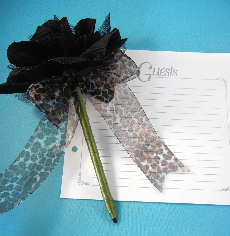 Black Fabric Flower Pen w/Animal Print Ribbon